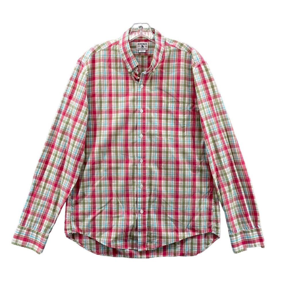 Bonobos Shirt Men's Large Red Green‎ Plaid Preppy Slim Fit Seersucker Button Up